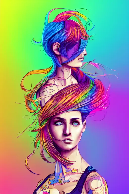 Image similar to a award winning half body portrait of a beautiful woman with stunning eyes in a printed croptop and cargo pants with rainbow colored ombre hairstyle head in motion and hair flying by josan gonzales, outrun, vaporware, shaded flat illustration, digital art, trending on artstation, highly detailed, fine detail, intricate