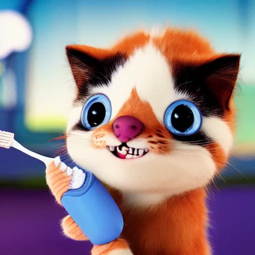 Image similar to a kitten character brushing teeth with a toothbrush and toothpaste, still from the movie pets, pixar render, dreamworks, movie poster disney