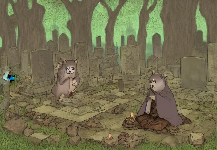 Image similar to big possum dressed like a monk at a scary medieval cemetery in the middle of the forest at night, highly detailed, photorealistic, isometric, digital art