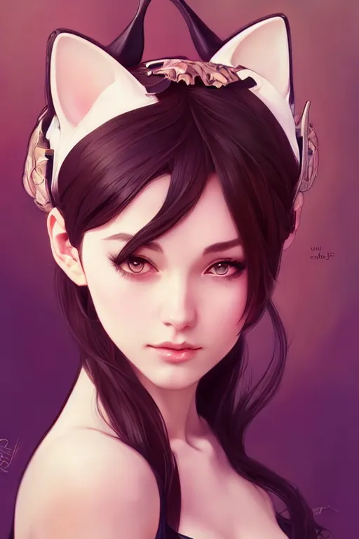 Prompt: A beautiful woman with cat ears, highly detailed, digital painting, artstation, concept art, smooth, sharp focus, illustration, art by artgerm and alphonse mucha, high definition digital art, in the style of Ross tran and ilya kuvshinov