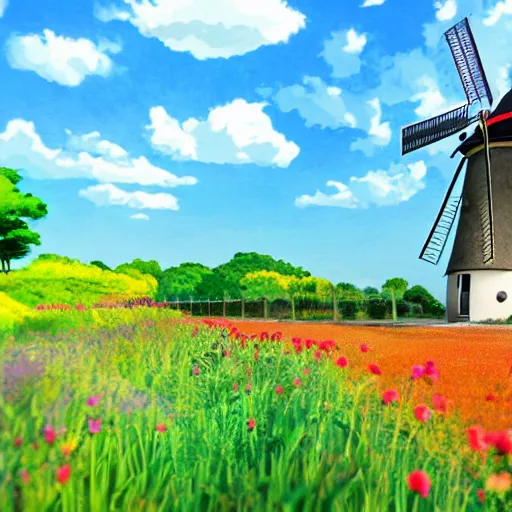 Prompt: beautiful countryside background with a windmill by studio ghibli, 4k, cute, colourful, summer