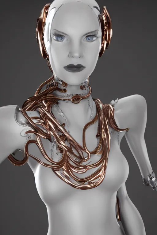 Image similar to white cyborg fashion shot, copper spiral decorations, white elegant baroque design, smooth heads, headshot half figure, photorealistic, 8k, hyper detailed, unreal engine, trending on artstation,