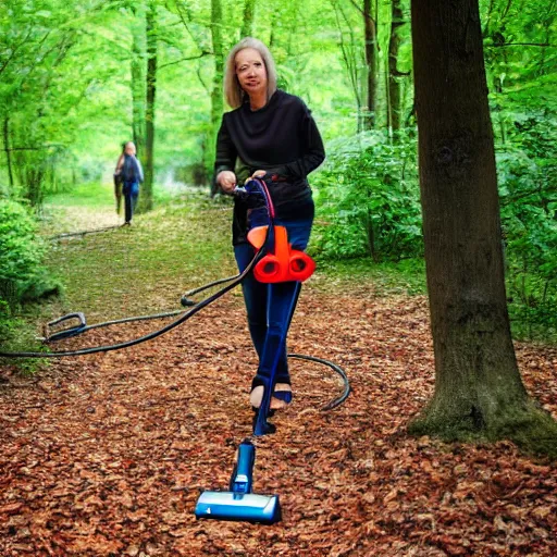 Prompt: lady walking a vacuum in a scary wood