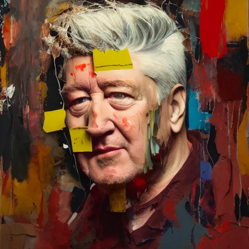 Prompt: hyperrealistic, photorealistic, mixed media oil painting of david lynch, magazine scraps, plaster, blood, oil, mustard, splatter, greg rutkowski, basquiat, ralph steadman, wesley kimler, terry gilliam