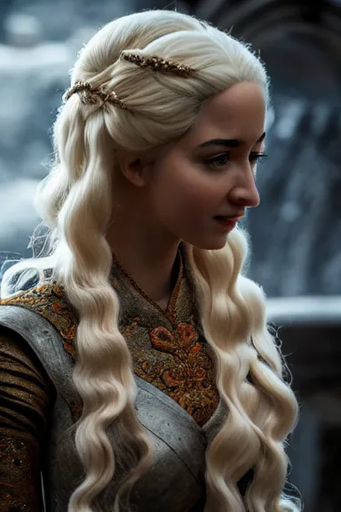 Prompt: very very intricate photorealistic photo of a realistic human version of princess peach in an episode of game of thrones, photo is in focus with detailed atmospheric lighting, award - winning details