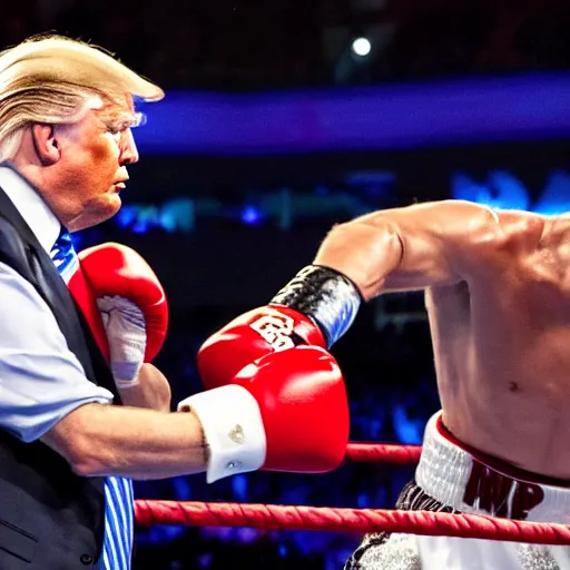 Image similar to Donald Trump losing a boxing match with Bernie Sanders, award-winning photo, sports illustrated