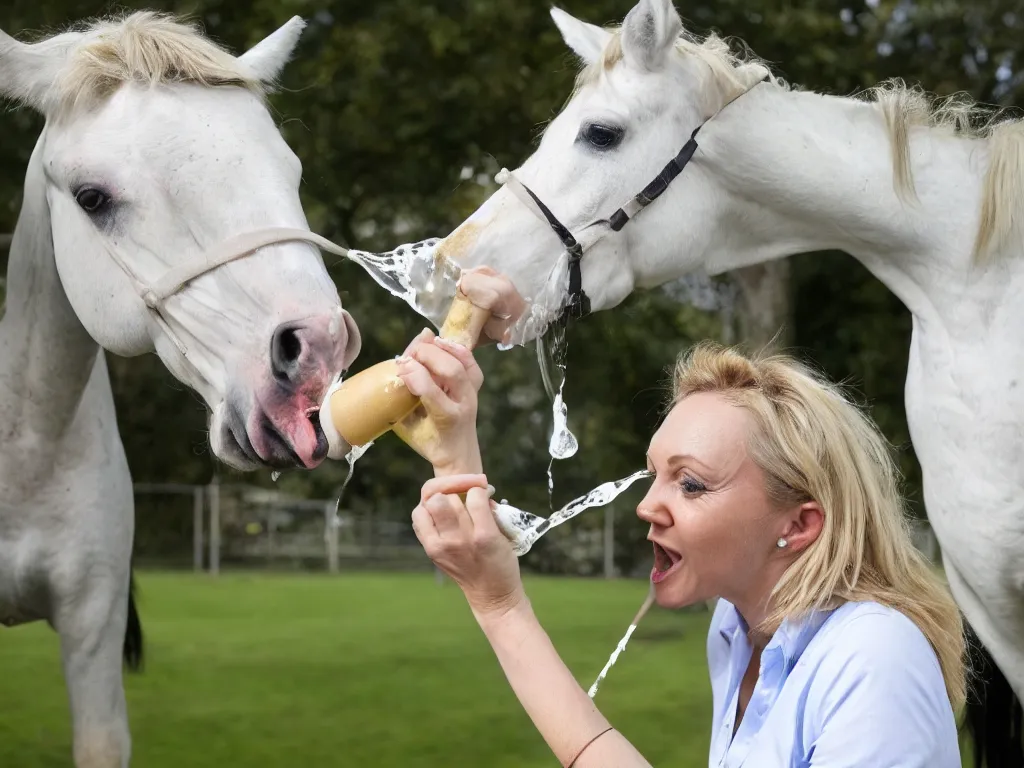 Prompt: liz truss drinking milk from the mouth of a horse