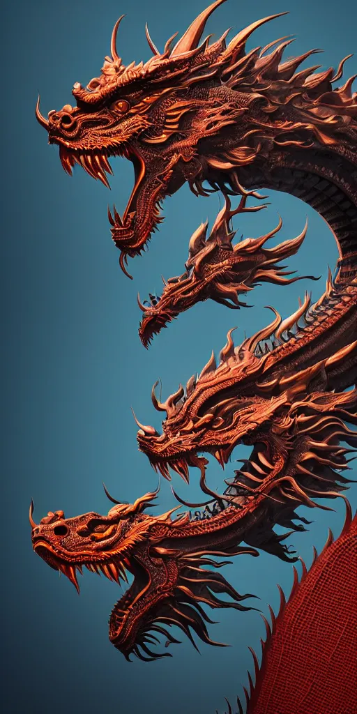 Image similar to a beautiful obverse portrait render of a single huge chinese dragon, mechanical, metal, fine texture structure, hyper detailed, perfect shadows, atmospheric lighting, 3 d render, the style of pascal blanche and sparth juan zigor samaniego, paul pepera pablo roldan, victo ngai, denoise, from china, 4 k hd