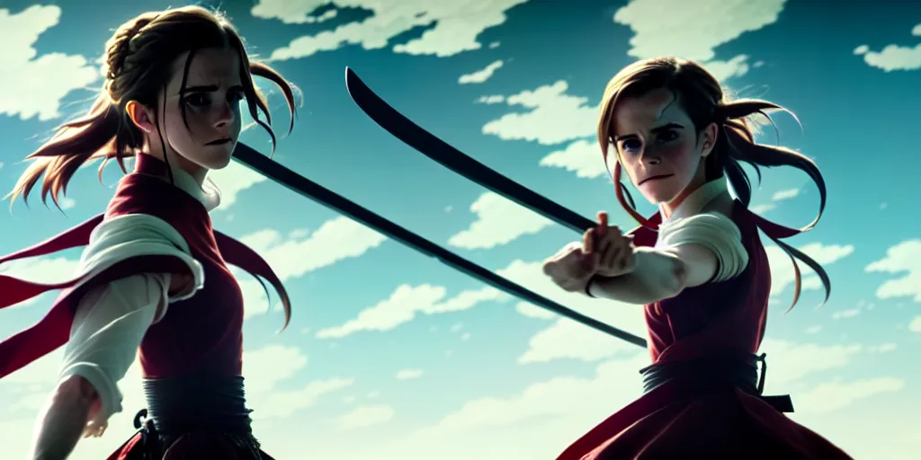 Image similar to a very detailed key visual of emma watson in demon slayer, action lines, ufotable, greg rutkowski, high resolution, dynamic pose, landscape, medium portrait, samurai outfit, action, hyper realistic, koyoharu gotouge, sakuga