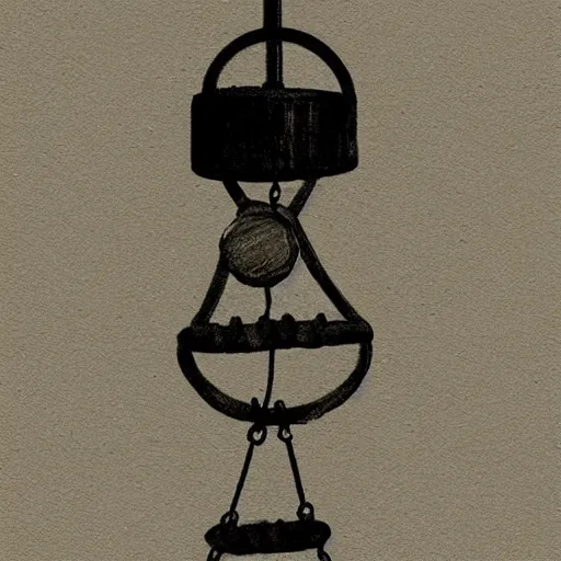 Prompt: This is a sketch of a wind chime made from the pieces of a broken mug. It shows the mug handle as the top piece with strings attached to it, and the bottom pieces of the mug hanging down like little bells, sketch, illustration, artstation