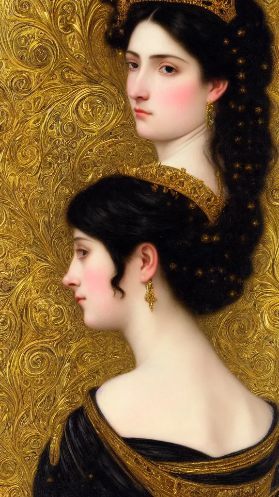 Image similar to painting portrait of a beautiful black haired woman with pale skin and a crown on her head sitted on an intricate metal throne, intricate, elegant, digital painting, smooth, sharp focus, shiny gold, realistic gold, realistic metal, by william - adolphe bouguereau and gustav klimt,