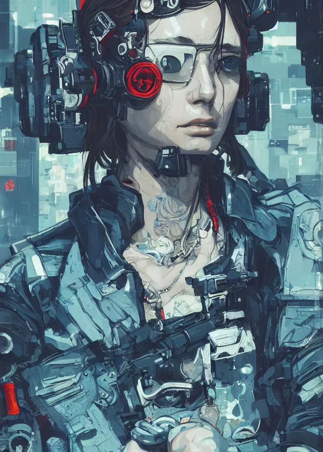 Prompt: highly detailed, james jean, ilya kuvshinov, greg rutkowski, simon roy, mcbess, yoji shinkawa, portrait illustration of a cyberpunk military woman, oil on canvas, colorful, cinematic composition, ray tracing, hyper realism, photorealistic