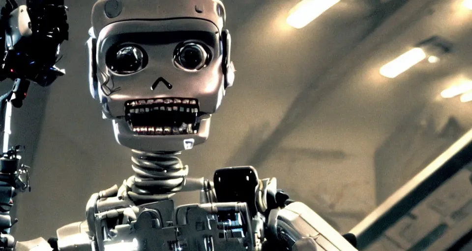 Prompt: movie still johnny 5 from short circuit vs the terminator endoskeleton, cinematic lighting, epic composition, film grain,