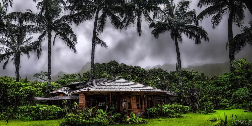 Image similar to atomic mushroom cloud over a Hawaiian villa in the middle of an tropical forest, ominous Sky, gloomy atmosphere, cinematic, mist, High definition, 8k, ultra detailed