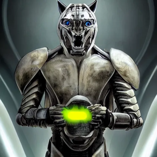 Image similar to a humanoid with cat-like features, yellow eyes, teeth that protrude past the lower lip (sort of like a saber-tooth tiger) and fine grayish fur on their faces and backs of their hands wearing futuristic alien armor and carrying weapons, octane,