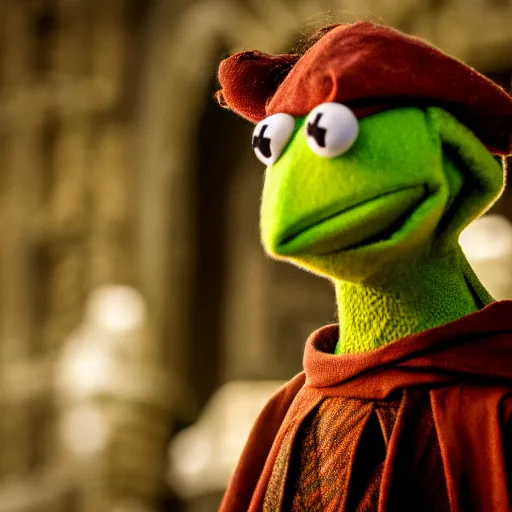 Image similar to first shot of kermit the frog in game of thrones, ( eos 5 ds r, iso 1 0 0, f / 8, 1 / 1 2 5, 8 4 mm, postprocessed, crisp face, facial features )