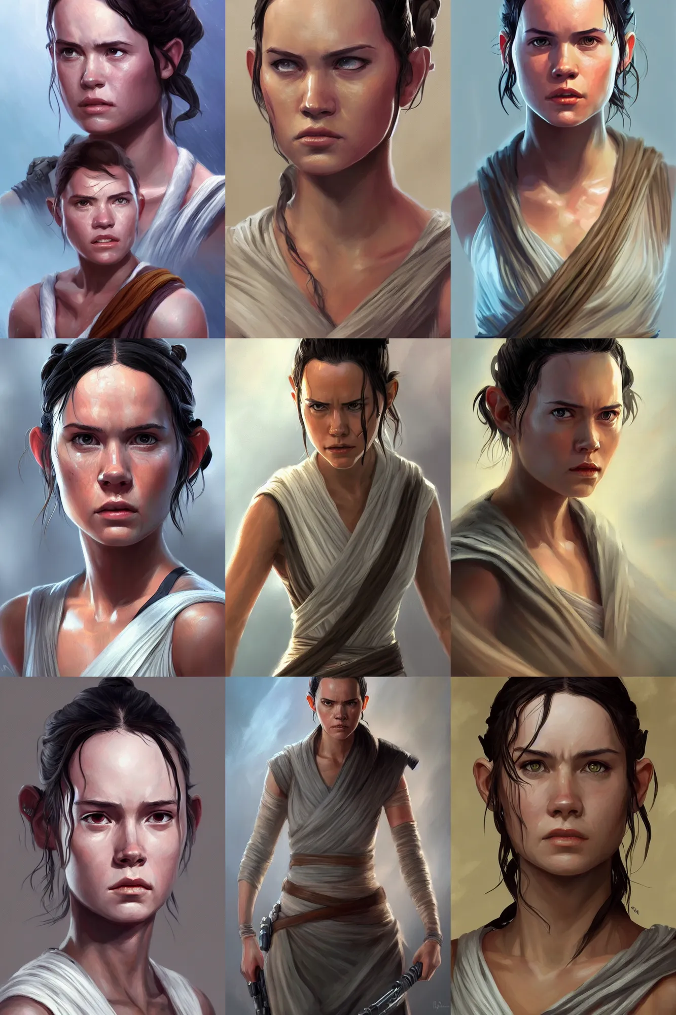 Prompt: full length portrait of rey from star wars by irina french, highly detailed, portrait, scifi, digital painting, artstation, concept art, smooth, sharp focc