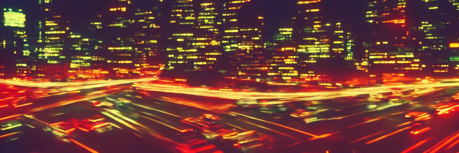 Image similar to 8 0 s neon movie still, high speed blurred traffic by the river with city in background, medium format color photography, movie directed by kar wai wong, hyperrealistic, photorealistic, high definition, highly detailed, tehnicolor, anamorphic lens