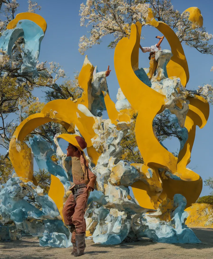 Image similar to a cowboy turning into blooms by slim aarons, by zhang kechun, by lynda benglis. tropical sea slugs, brutalist angular sharp tractor tires. complementary colors. warm soft volumetric dramatic light. national geographic. 8 k, rendered in octane, smooth gradients. sculpture by antonio canova. yellow teal accents.