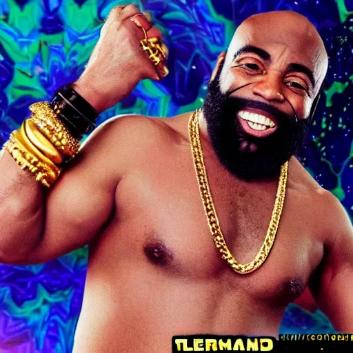 Image similar to a high resolution photograph of joe rogan as mr. t wearing many gold chains with a psychedelic dmt background