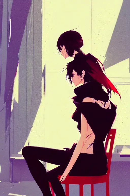 Image similar to a ultradetailed beautiful panting of a stylish woman sitting on a chair, by conrad roset, greg rutkowski and makoto shinkai, trending on artstation