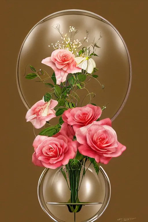 Prompt: beautiful digital matter cinematic painting of whimsical botanical illustration of roses and lilies in a round glass vase, whimsical scene bygreg rutkowki artstation