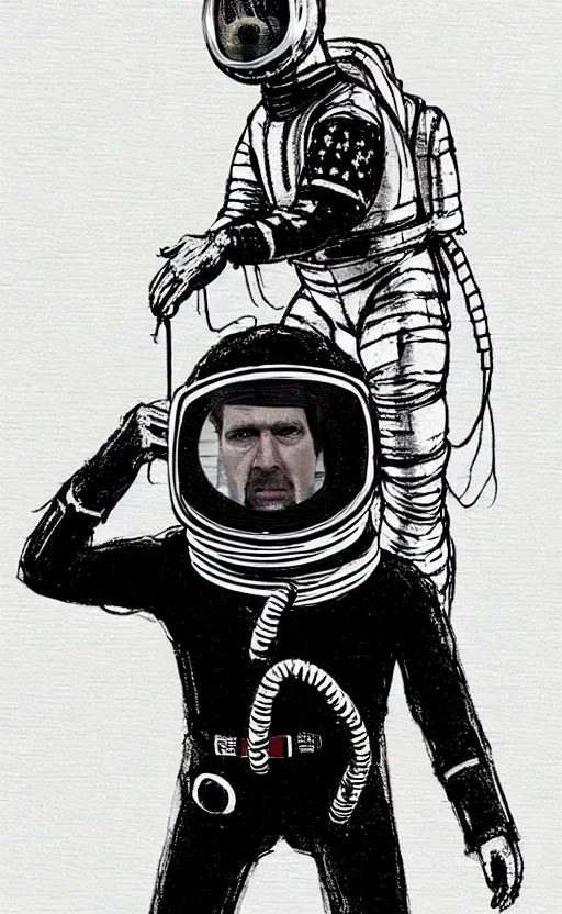 Image similar to man with a horse mask is standing on crawling astronaut, concept art, monthy python sketch, high fidelity details