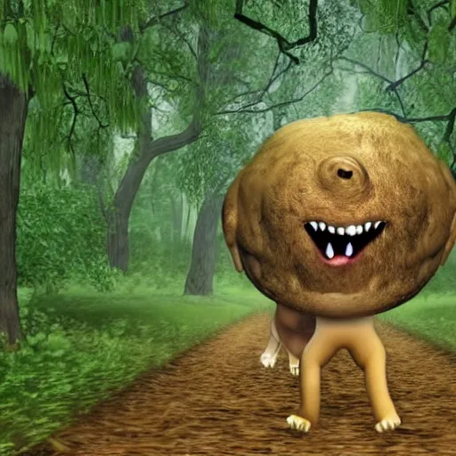 Image similar to a monster with head of a human and body of a dog running through the forest, trees looking like pommes