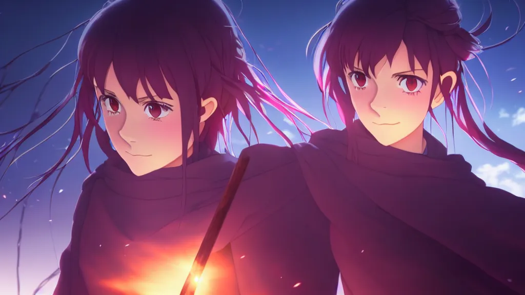 Image similar to emma watson in heavens feel movie, demon slayer, ufotable, kyoani, high quality, deviantart, under street lamp, on a street at night, fate stay night, unlimited blade works, greg rutkowski, high resolution, dynamic pose, close up, street clothes, action, anime, high angle, sakuga