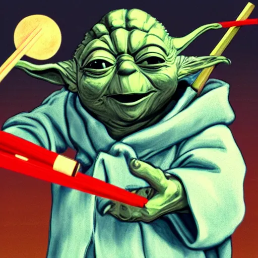 Prompt: yoda eating sushi with wood chopsticks, detailed, illustration, 2d, 4k