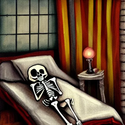 Image similar to skeleton wearing striped pajamas, rustic oil painting, in the style of tim jacobus, dungeons & dragons, magic the gathering, inside of a bedroom, with a nightcap, comfy, sleepy, dim lighting, warm, extremely detailed, sharp focus, 4 k