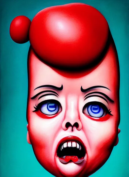 Prompt: a dramatic emotional hyperrealistic pop surrealist oil panting of a sad sobbing grotesque kawaii vocaloid figurine caricature sobbing red in the face uglycrying with tears and snot featured on spitting image by passarotti made of badballs, 😭 🤮💔