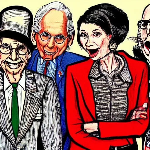 Image similar to The Artwork of R. Crumb and his Cheap Suit Mitch McConnell and Nancy Pelosi, pencil and colored marker artwork, trailer-trash lifestyle