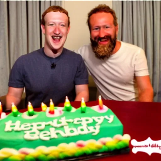 Image similar to mark zuckerberg wishing a happy bearded man happy birthday from inside the computer screen, confetti, cake, balloons