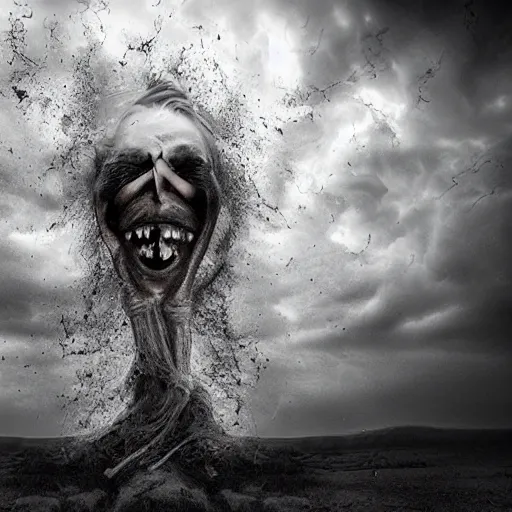 Image similar to a twisted face like a tornado, realistic detailed photography