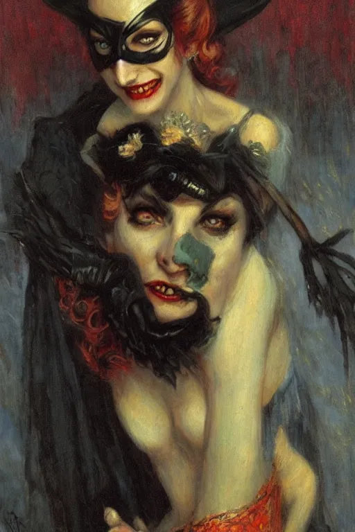 Image similar to portrait of victorian era vampire batman. art by gaston bussiere.