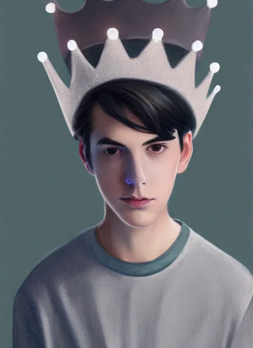 Image similar to portrait of teenage jughead jones wearing a light grey crown, photorealistic, crown, eyes closed, crown, black hair, sweater with letter s on it, letter s, intricate, elegant, glowing lights, highly detailed, digital painting, artstation, concept art, smooth, sharp focus, illustration, art by wlop, mars ravelo and greg rutkowski