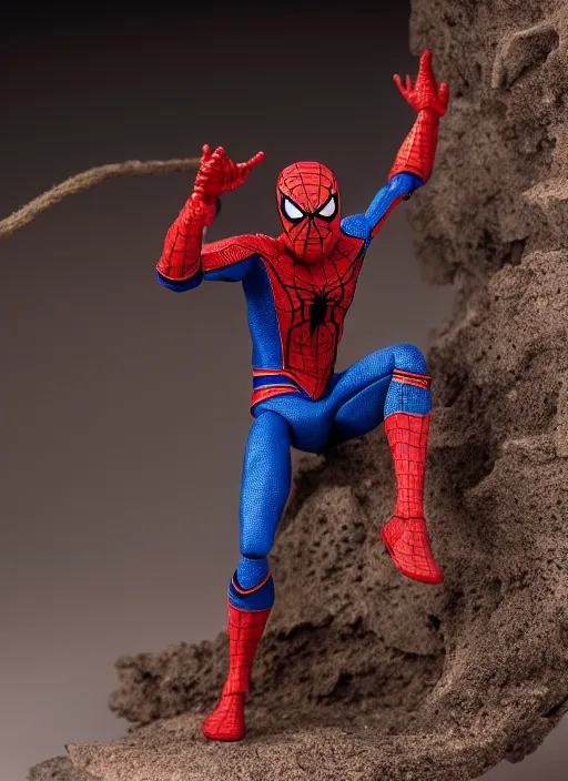 Image similar to product photography of a claymation action figure mechanical spiderman, depth of field, zeiss lens, detailed, centered, by erwin olaf, joop geesink, wes anderson, breathtaking, 8 k resolution, extremely detailed, beautiful, establishing shot, realistic materials, hyperrealistic