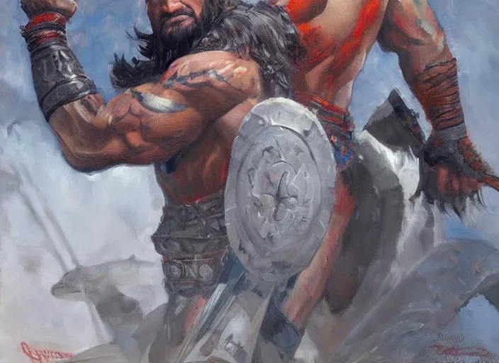 Image similar to a highly detailed beautiful portrait of dwayne johnson as kratos, by gregory manchess, james gurney, james jean