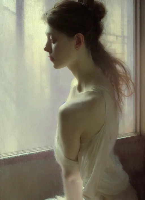 Image similar to a portrait of beautiful woman, inside a modern apartment, detailed oil painting, misty, ethereal, soft lighting, 8 k, by jeremy mann and ruan jia and alphonse mucha