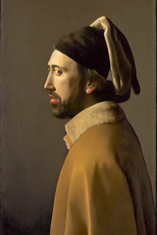 Prompt: portrait of Nicholas Cage by Johannes Vermeer, epic lighting