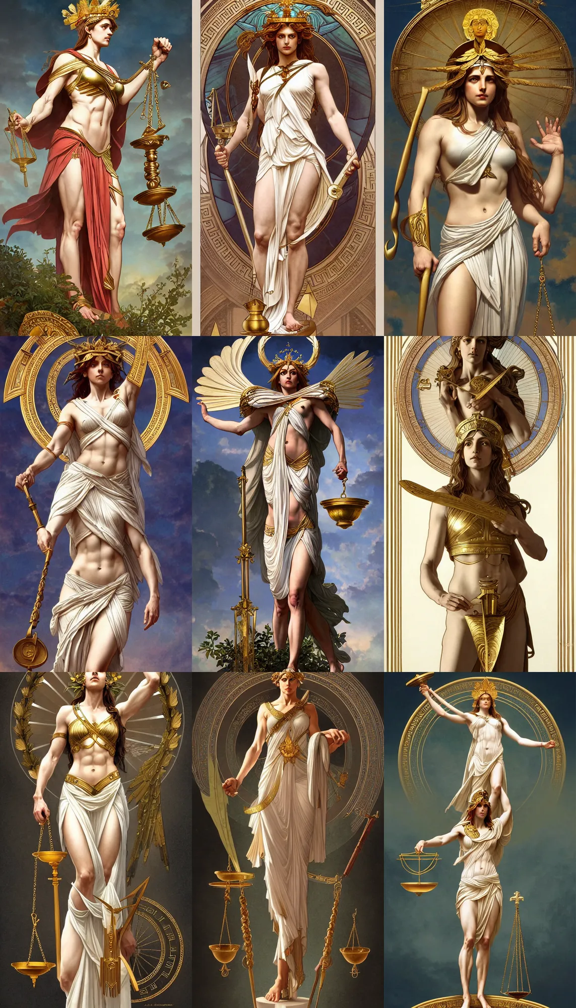 Prompt: a full body portrait of themis the greek goddess, presenting the balance scale of justice, wearing a laurel wreath, extremely beautiful, accurate anatomy, by artgerm and by greg rutkowski and by alphonse mucha and by simon bisley, radiant light, detailed and intricate environment,