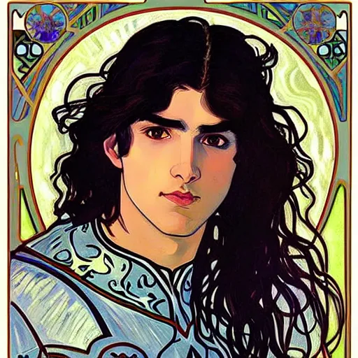 Image similar to painting of young handsome beautiful paladin elf! man with long wavy dark hair in his 2 0 s named shadow taehyung at the blueberry party, wearing armor!, elegant, clear, painting, stylized, delicate, soft facial features, art, art by alphonse mucha, vincent van gogh, egon schiele,