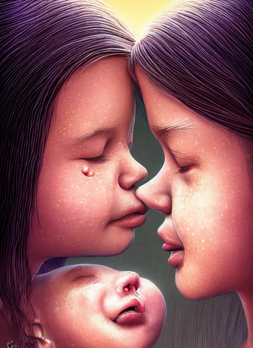 Image similar to portrait of a mother kissing her daughter's forehead, the mother and her daughter are on a battlefield. by Ciryl Rolando, hyperrealistic illustration, digital art, studio lightning, very detailed faces