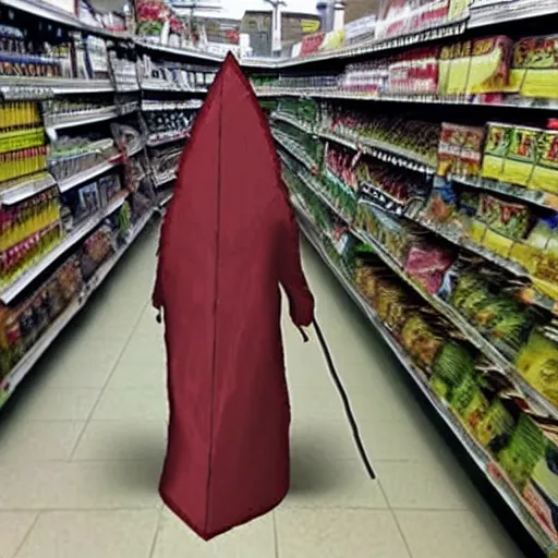 Image similar to pyramid head from silent hill shopping at a grocery store