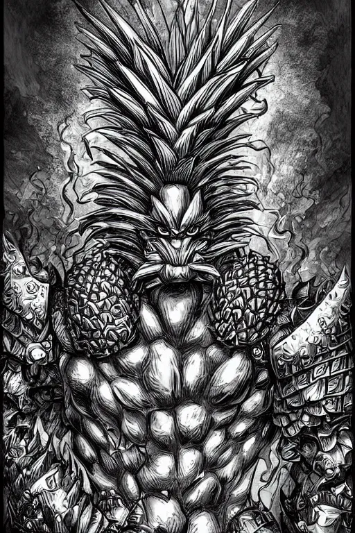 Image similar to pineapple humanoid figure monster wearing pineapple themed armour, symmetrical, highly detailed, digital art, sharp focus, trending on art station, kentaro miura manga art style