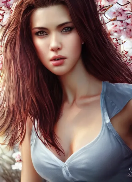 Image similar to photo of a gorgeous female with messy hair in the style of stefan kostic, realistic, body shot, sharp focus, 8 k high definition, insanely detailed, intricate, elegant, art by stanley lau and artgerm, cherry blossoms