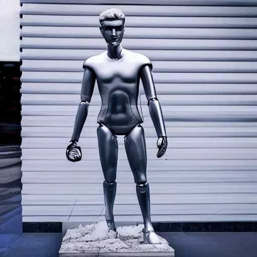 Image similar to a realistic detailed photo of a guy who is an attractive humanoid who is half robot and half humanoid, who is a male android, soccer player timo werner, shiny skin, posing like a statue, blank stare, by the pool, on display, showing off his muscles, humanoid robot, frozen ice statue, made of ice