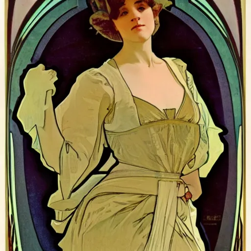 Prompt: woman posing with hands on hips in style of alphonse mucha