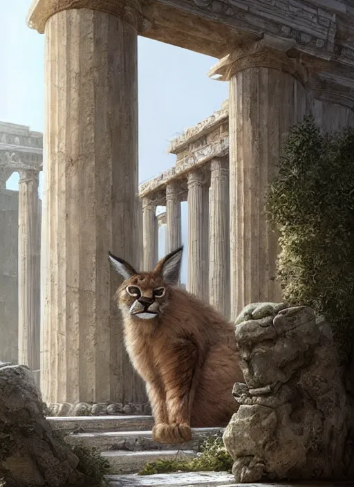 Image similar to hyper realistic fluffy caracal dressed in toga, in ancient greek city, marble columns, temple, olive trees, atmospheric beautiful details, strong composition painted by kim jung giu weta studio rutkowski, james gurney and greg rutkowski, and lucasfilm